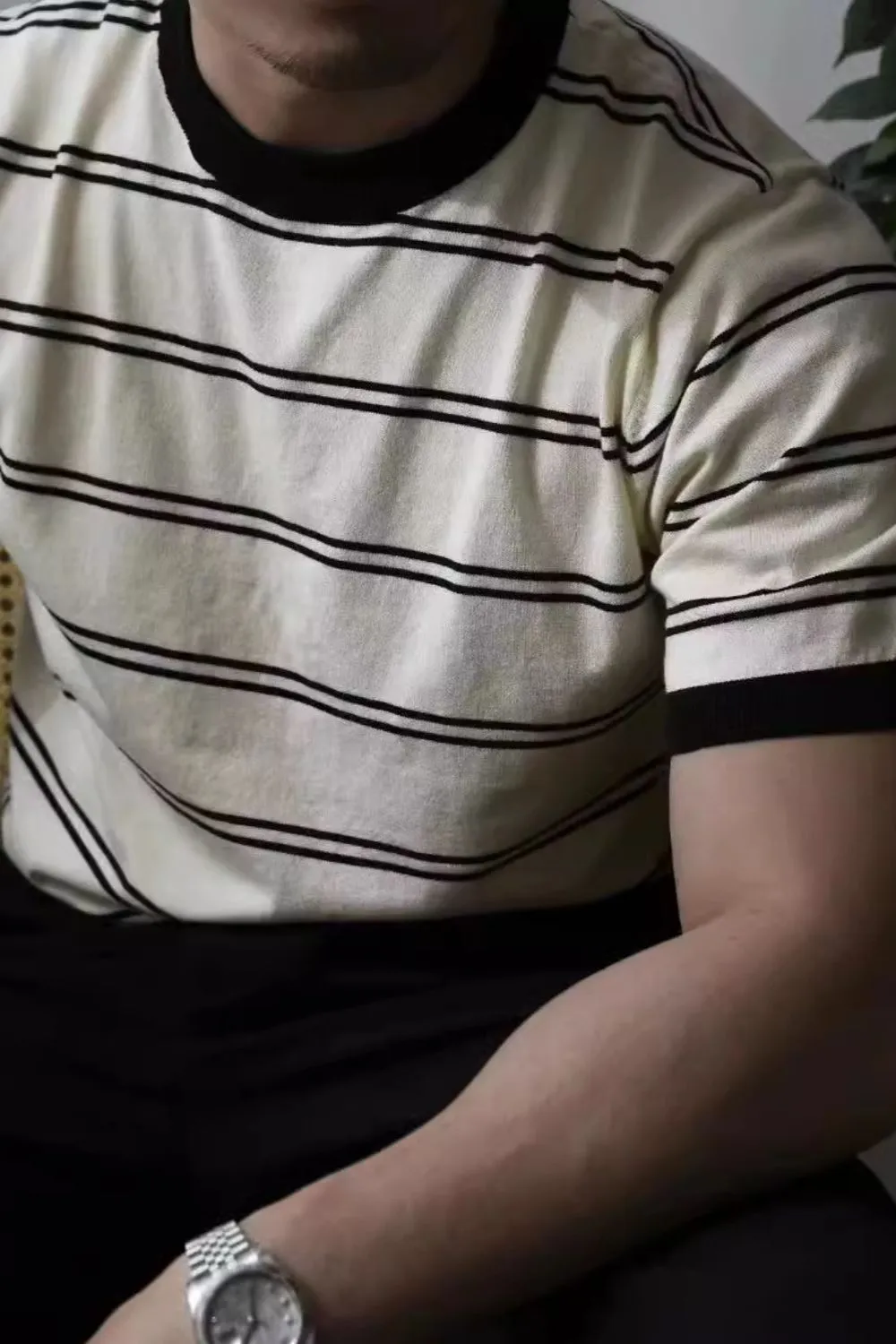 Men's Plus Size Round Neck Striped T-Shirt, image 2
