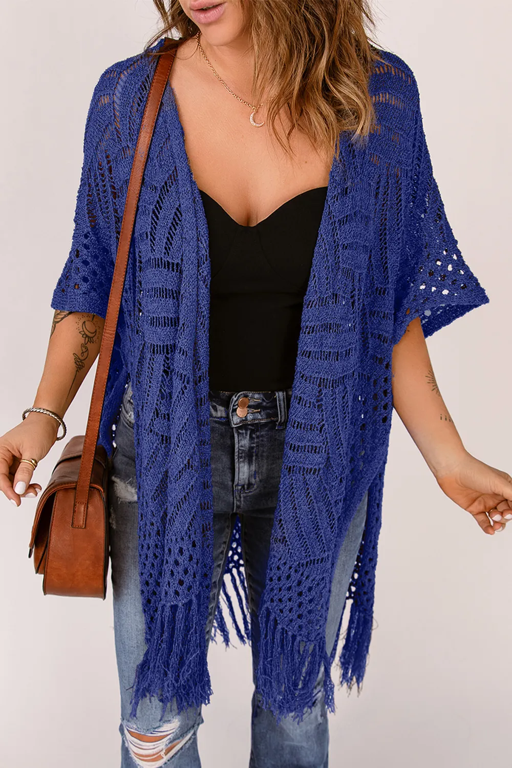 Openwork Open Front Cardigan with Fringes, image 13