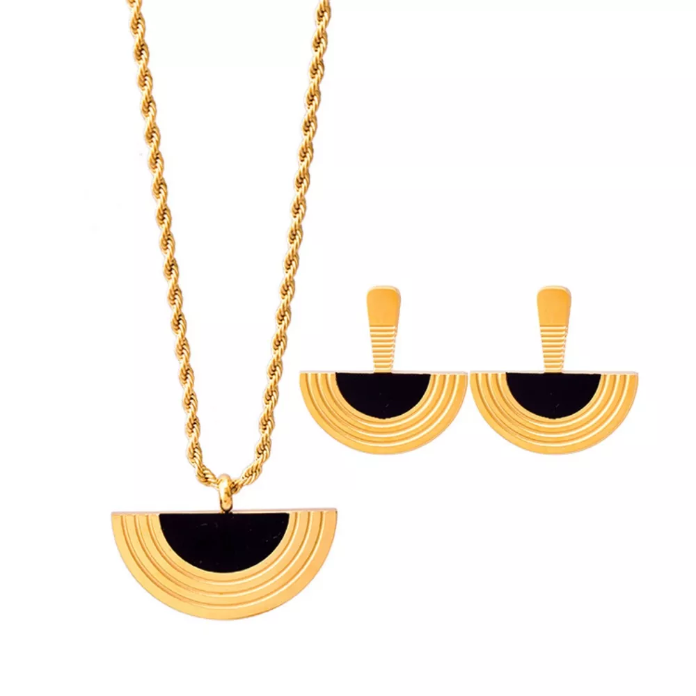Geometric Half-Circle 18K Gold Plated Necklace Ring and Earrings Jewelry Set, image 5