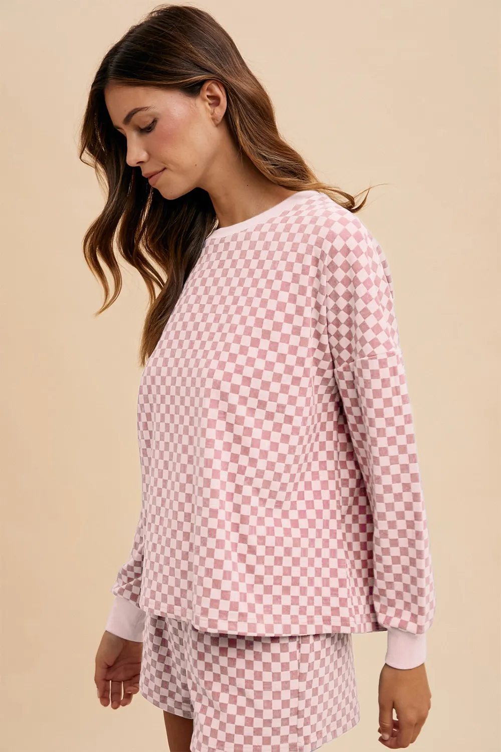 Checkered Round Neck Top and Drawstring Shorts Set, image 2