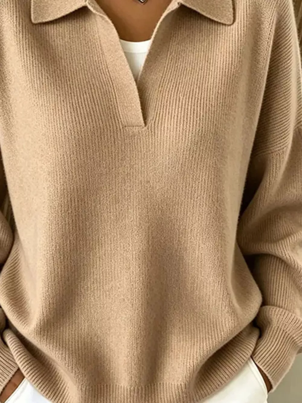 Ribbed Knit Polo Collar Sweater