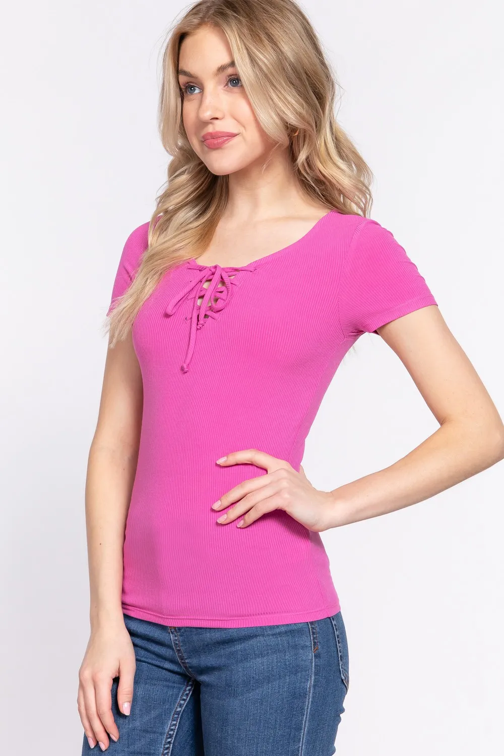 Lace Up Short Sleeve Rib Knit T-Shirt, image 3