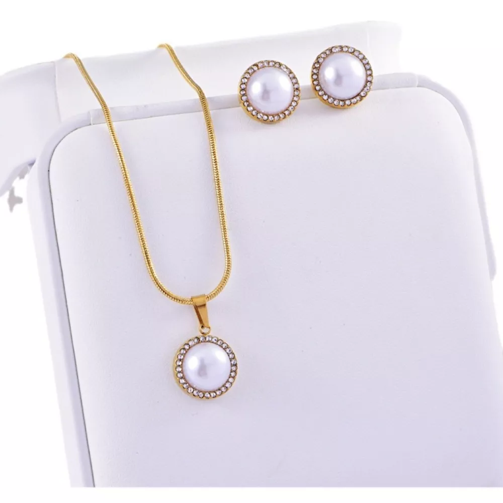 Synthetic Pearl 18K Gold-Plated Rhinestone Necklace and Earrings Jewelry Set, image 4