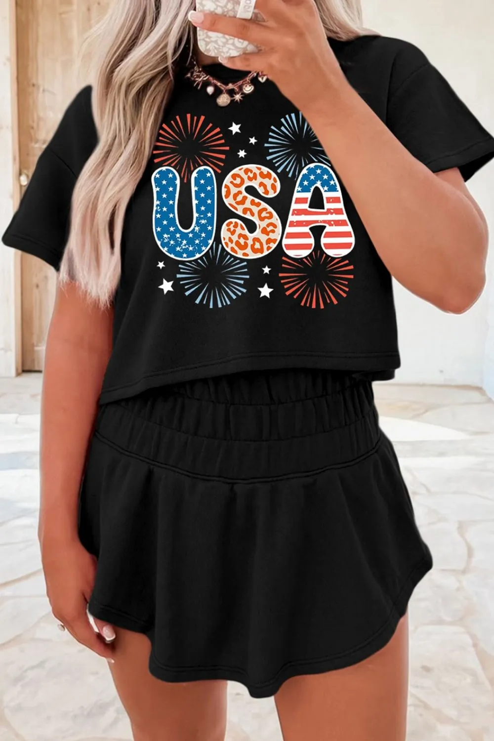 USA Graphic T-Shirt and Shorts Set