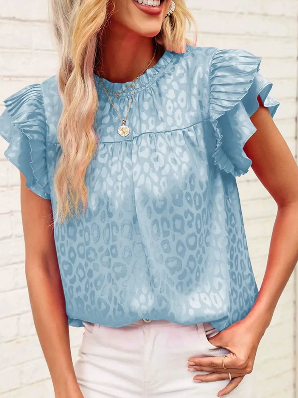Leopard Frill Mock Neck Ruffled Cap Sleeve Top, image 11
