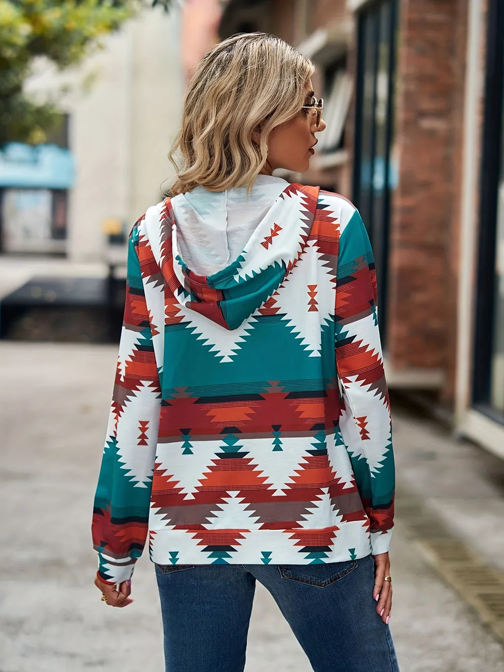 Geometric Zip Up Long Sleeve Hooded Jacket, image 11