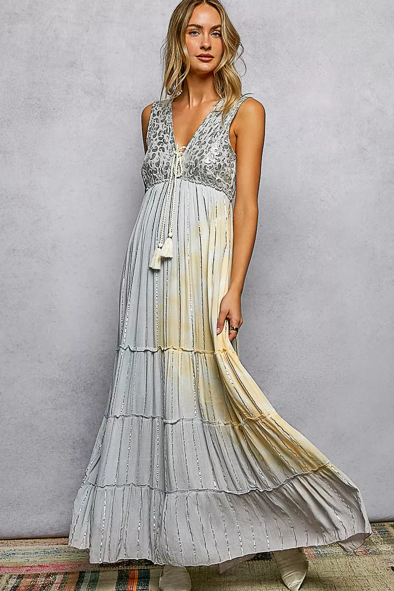 POL Deep V Sleeveless Cotton Bohemian Tiered Maxi Dress, image 3