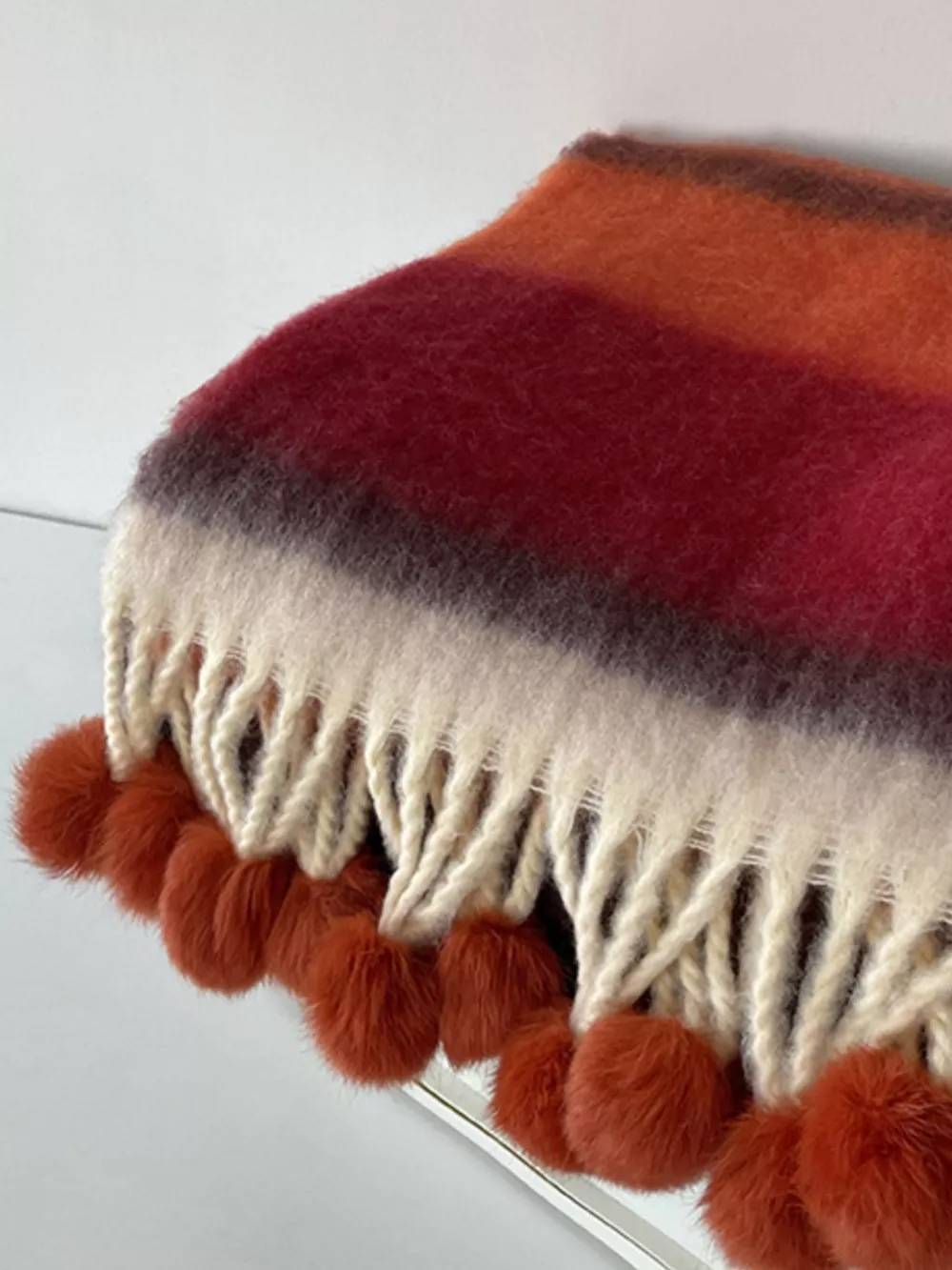 Rainbow Striped Fuzzy Scarf with Pom-Poms, image 7