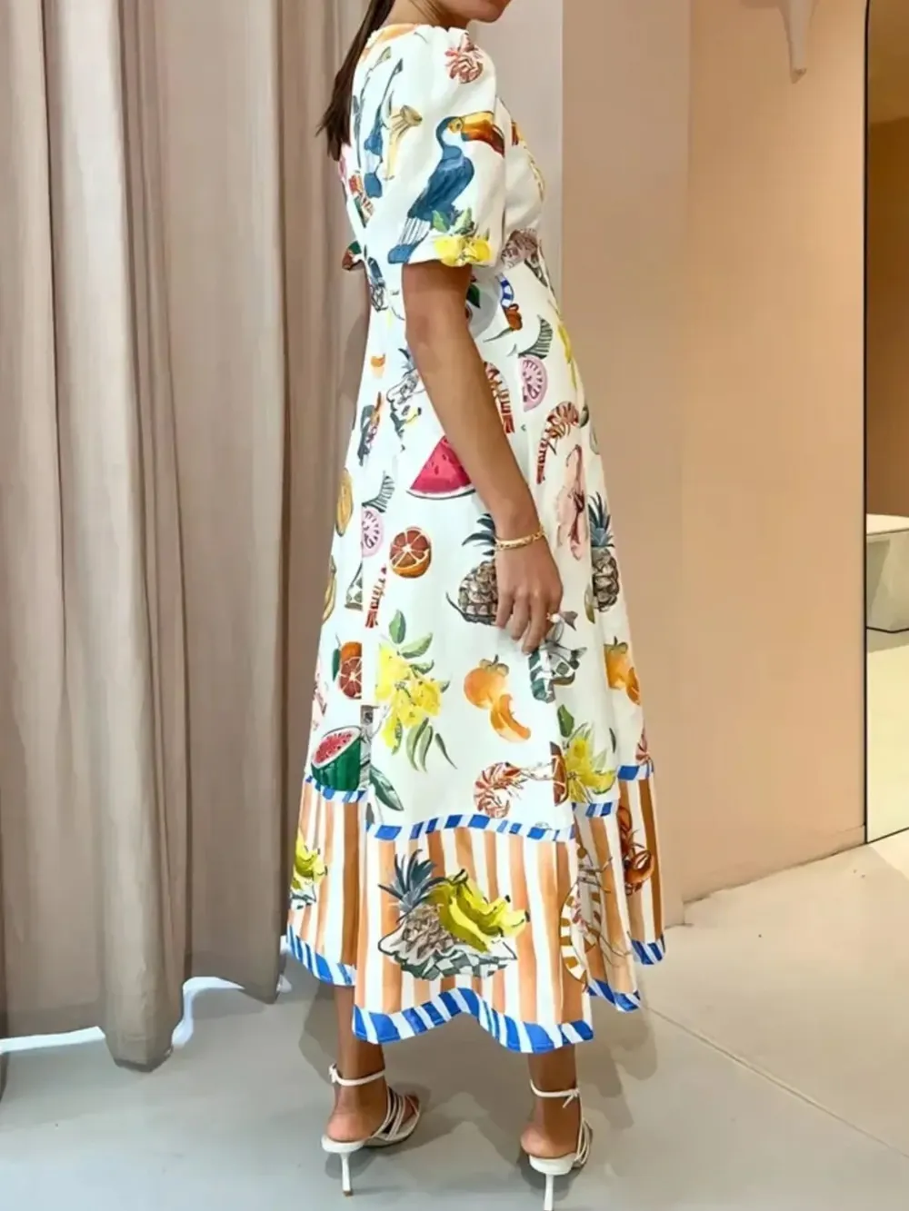 Printed Round Neck Puff Sleeve Dress, image 3