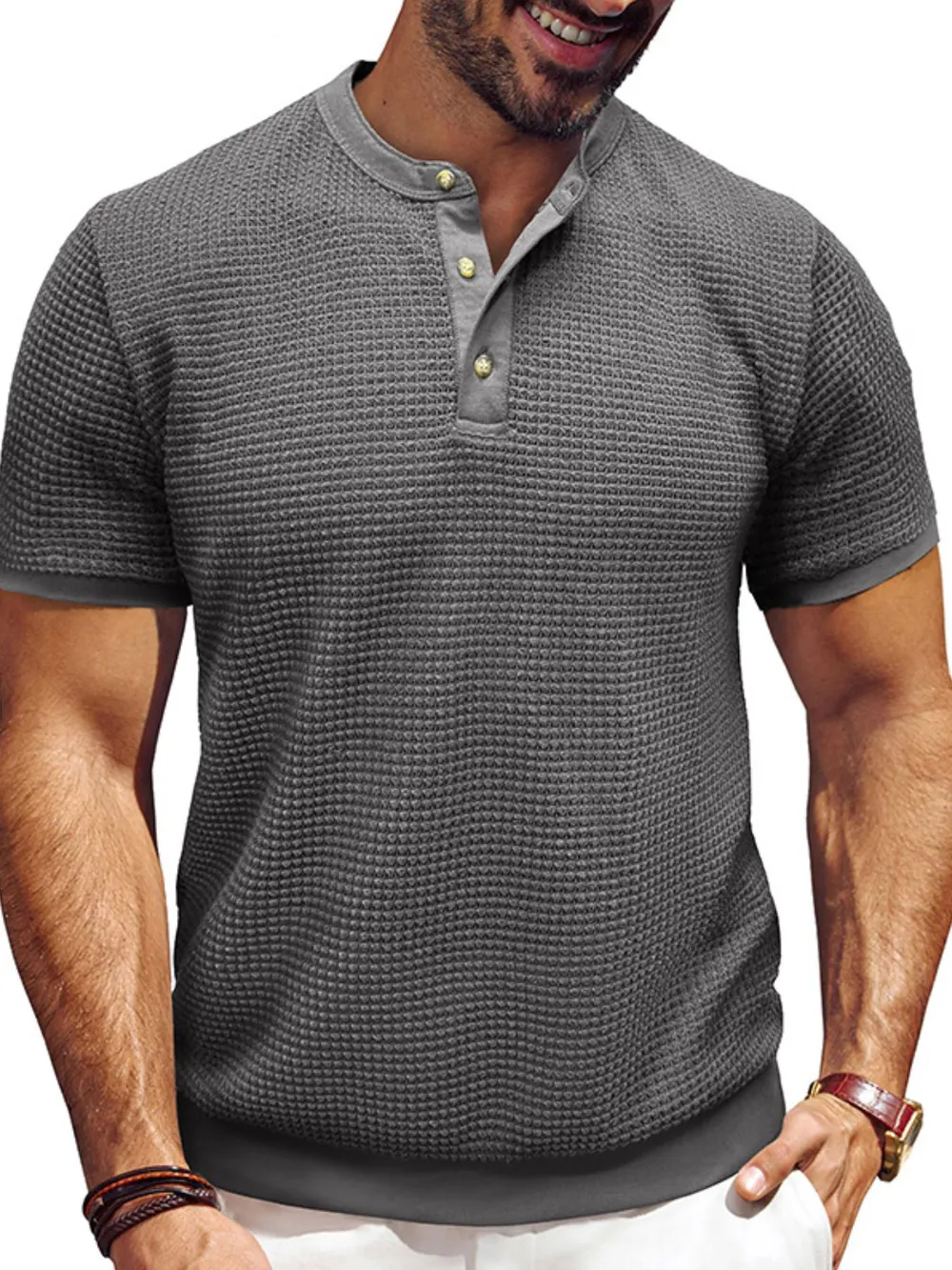 Men's Textured Henley Short Sleeve T-Shirt, image 6