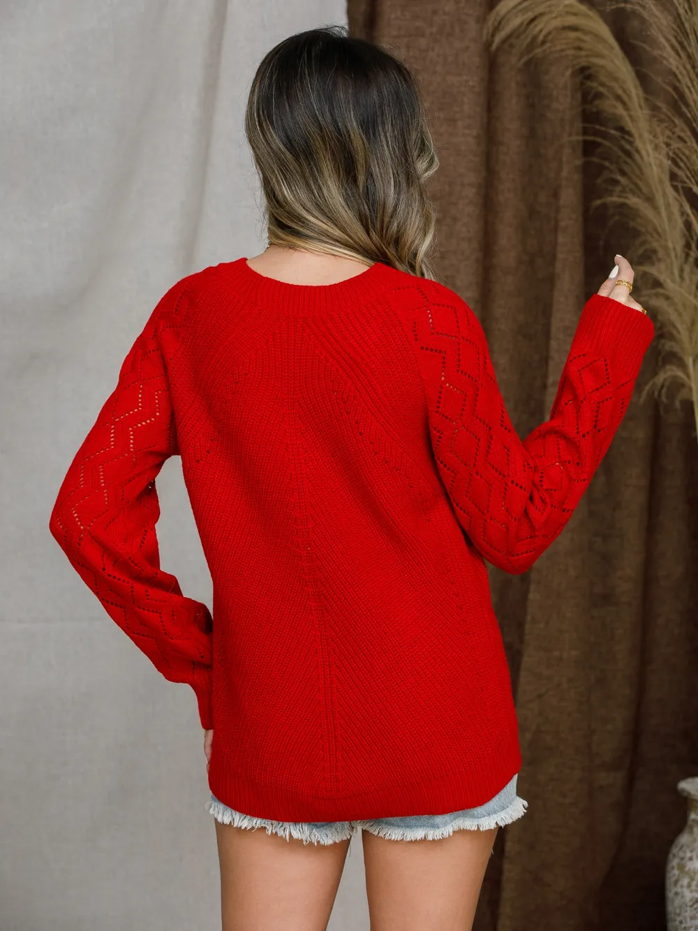 Openwork Round Neck Raglan Sleeve Sweater, image 32