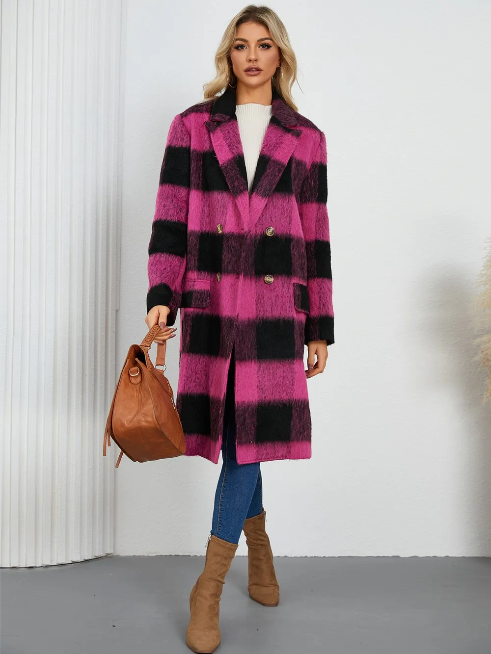 Plaid Double-Breasted Long Sleeve Coat, image 7