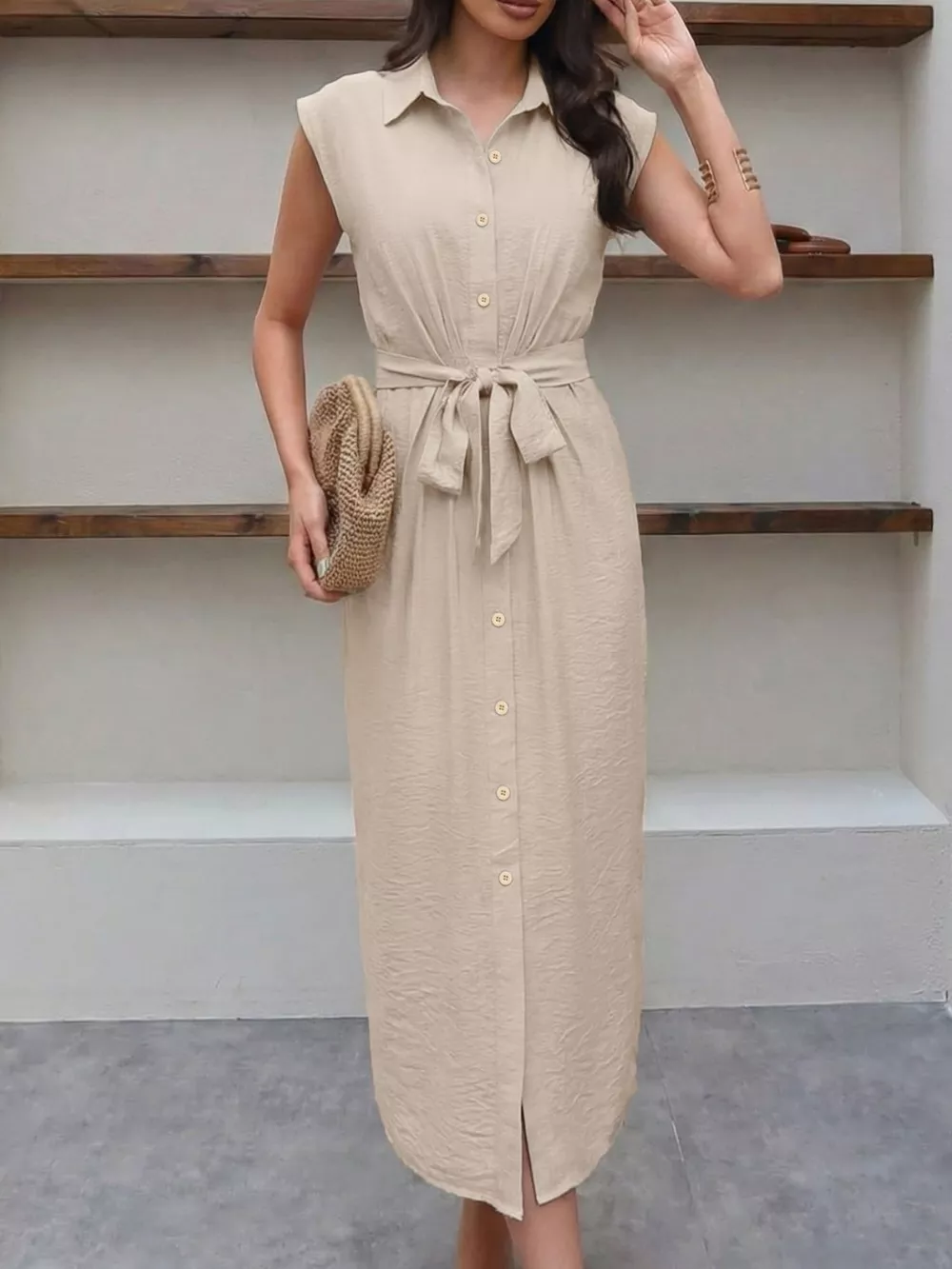 Sleeveless Button-Down Tie Waist Midi Dress, image 3