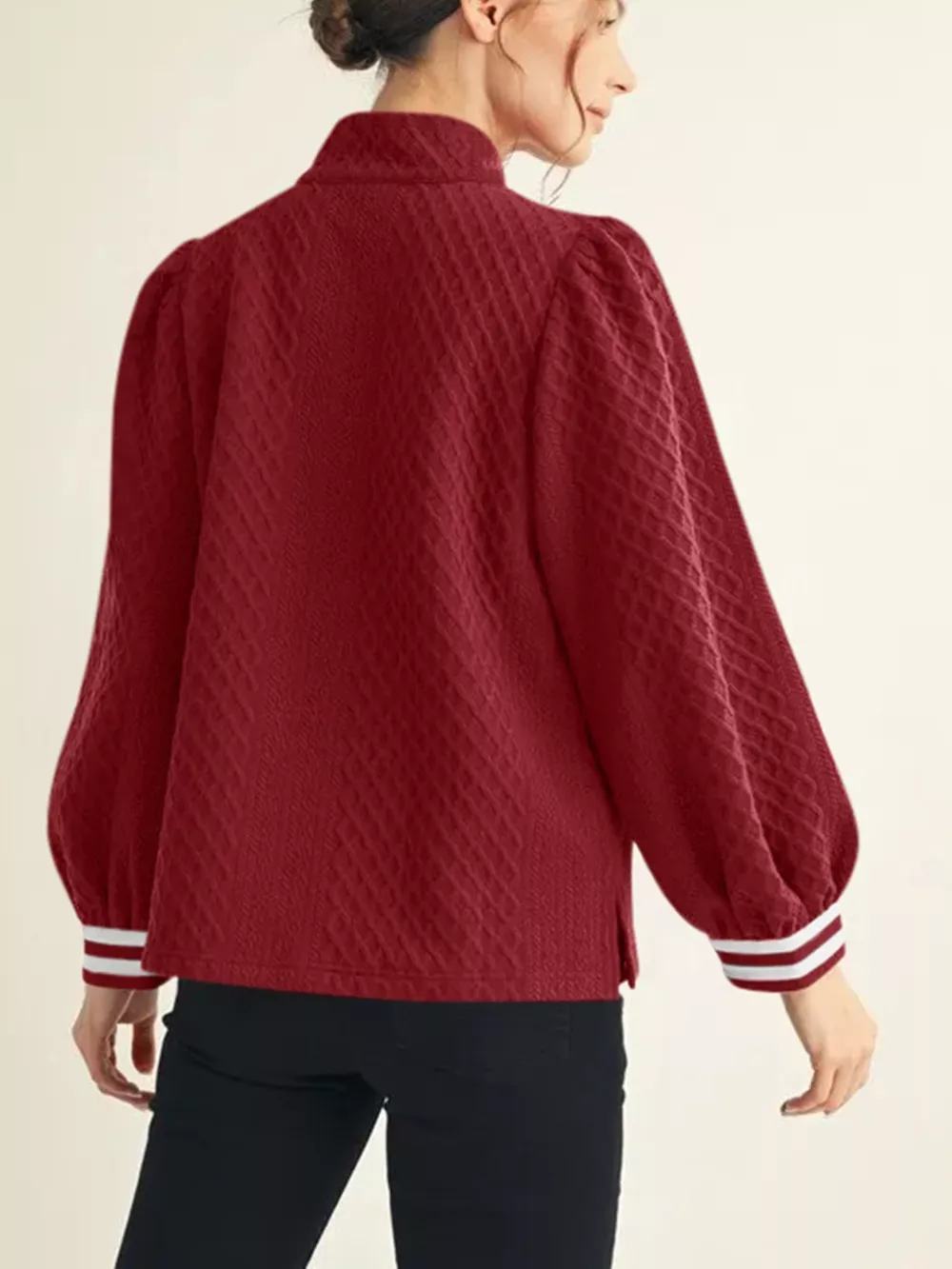 Striped Trim Zipper Blouse, image 3