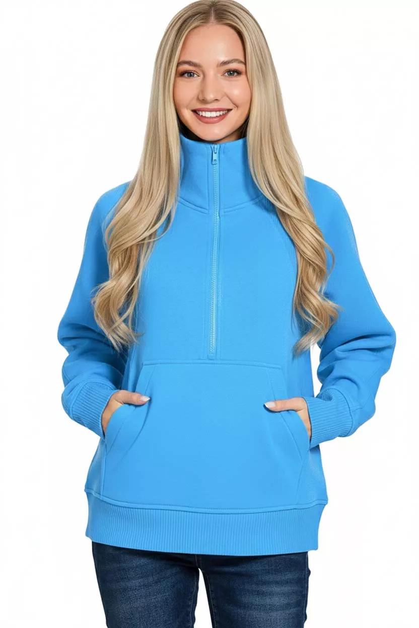 Half Zip Fleece Sweatshirt with kangaroo Pocket, image 2