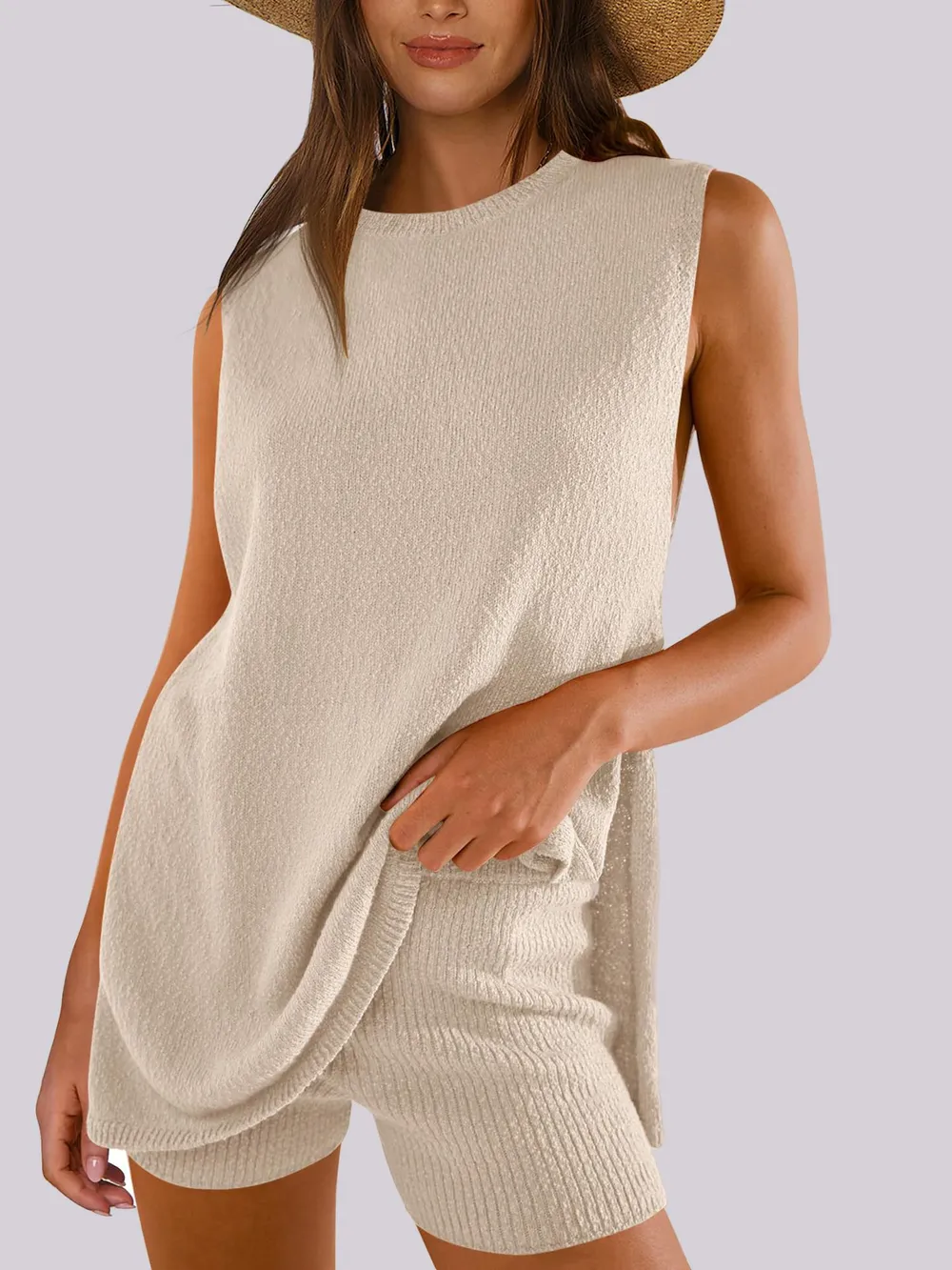Side Slit Round Neck Tank and Ribbed Shorts Sweater Set, image 2
