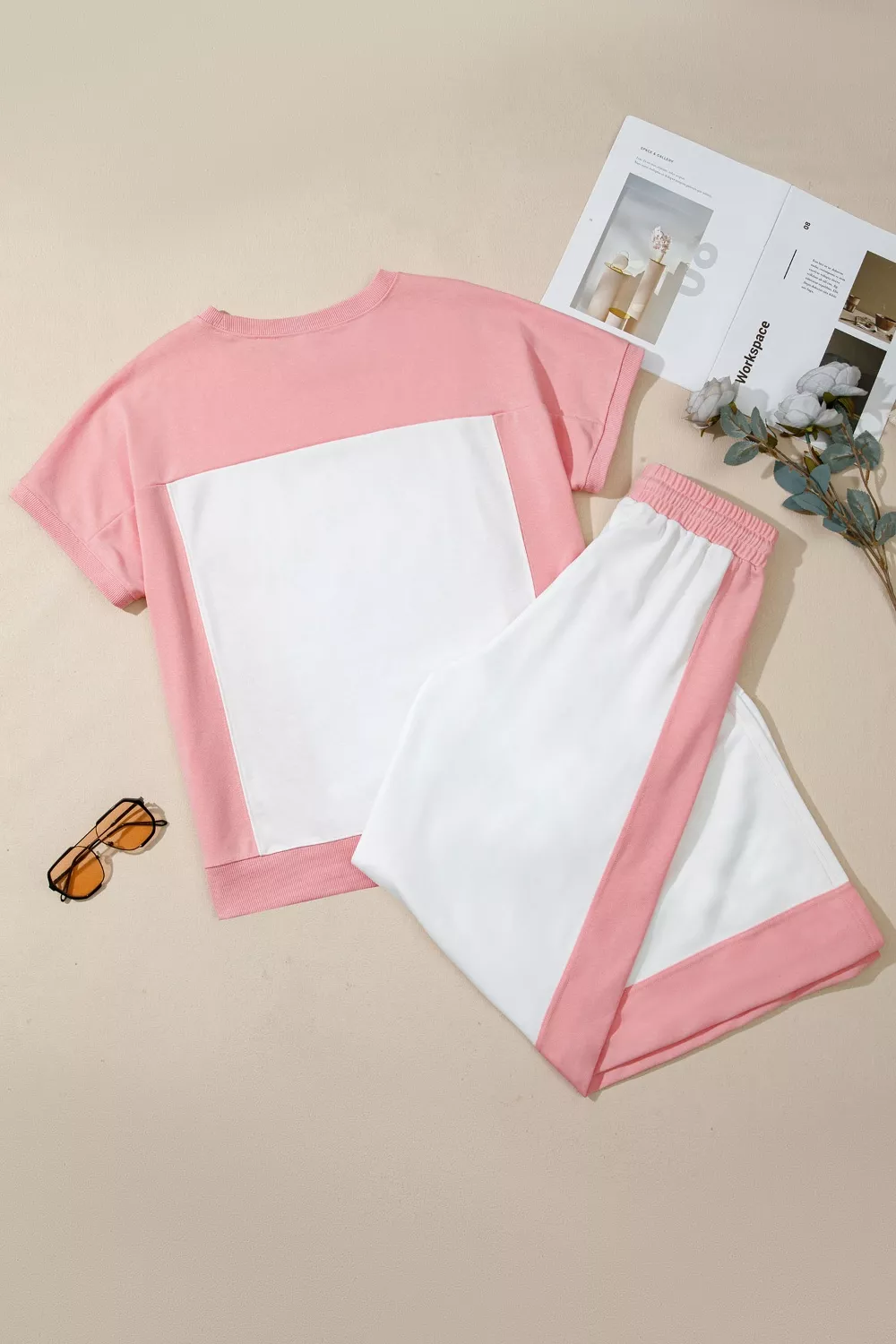 Two-tone Color Block Patchwork Tee Drawstring Loose Pant Set, image 6