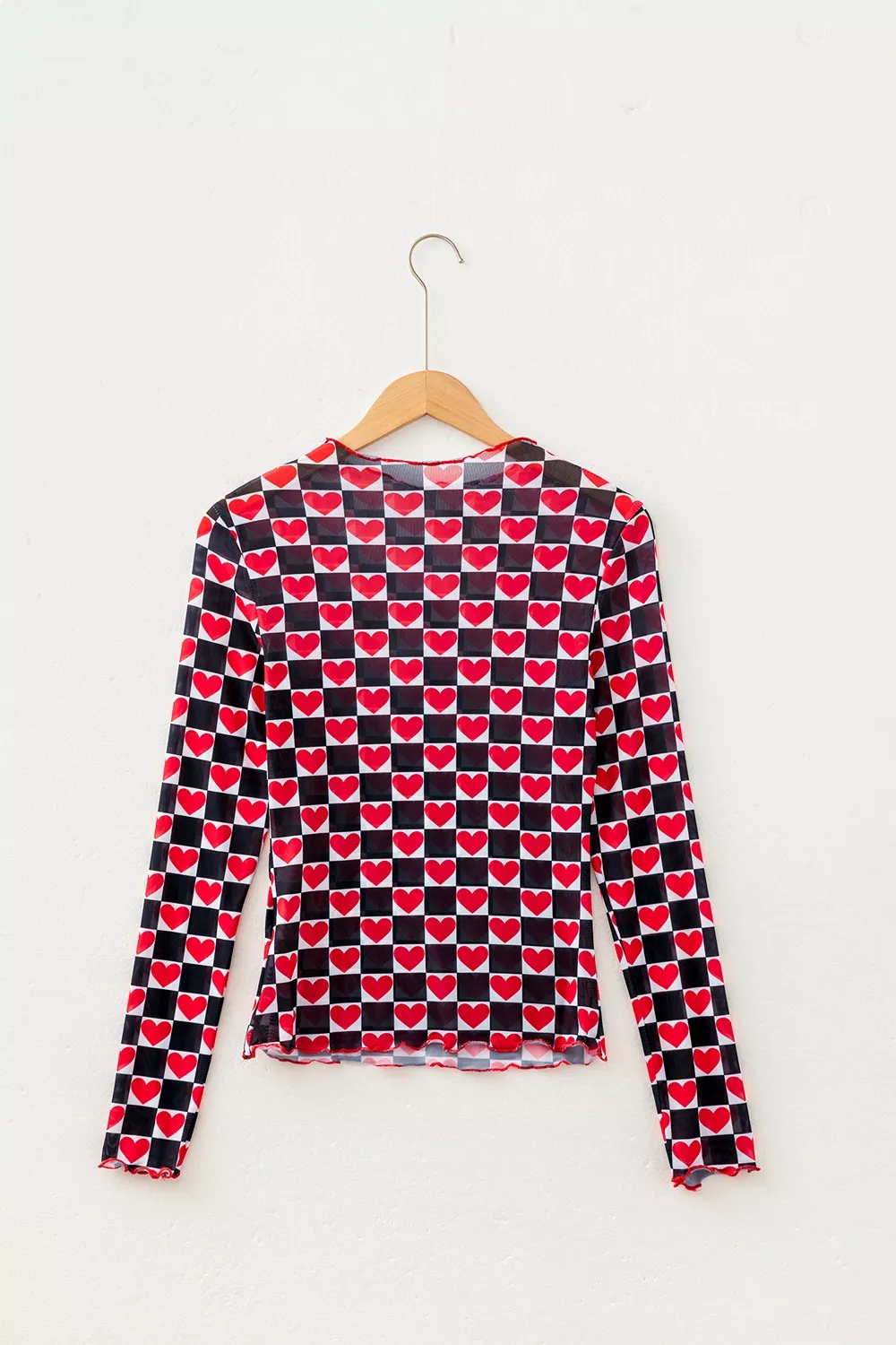 Plaid Heart Mesh Sheer Long Sleeve High Neck Top, image 12