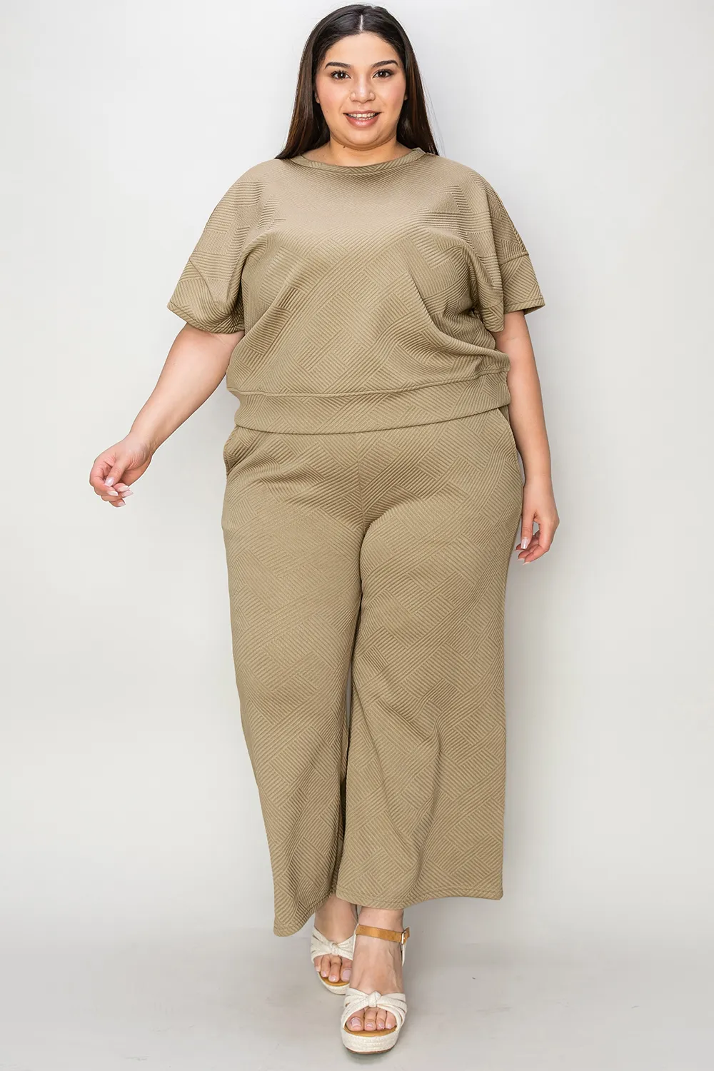 Full Size Texture Short Sleeve Top and Pants Set, image 14