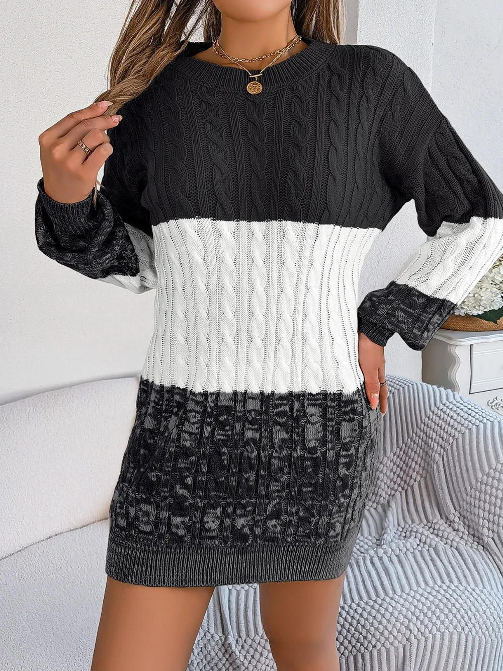Cable-Knit Round Neck Color Block Sweater Dress, image 2