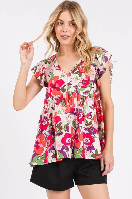 Floral V-Neck Ruffled Cap Sleeve Blouse