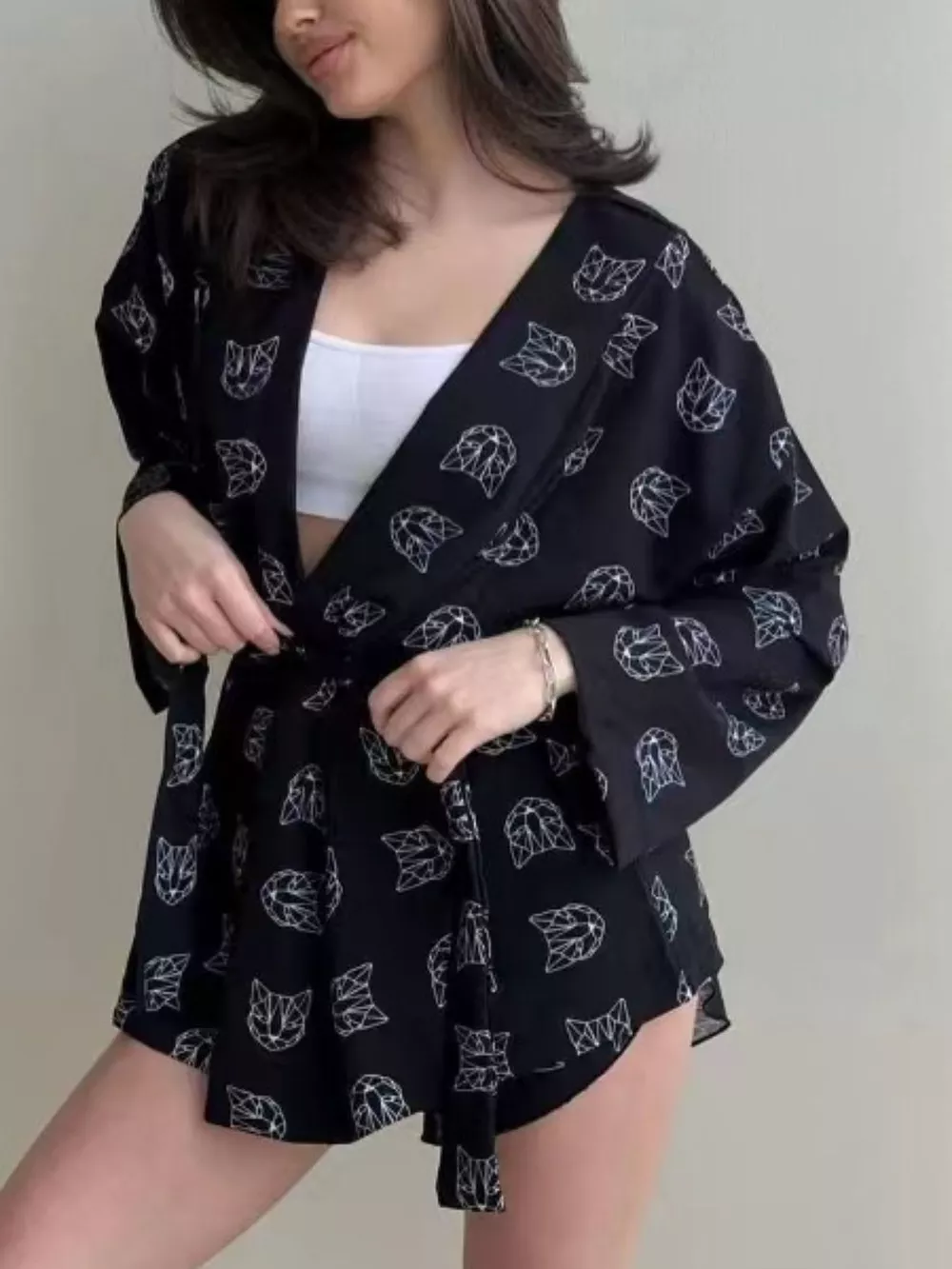 Geometric Cat Print Cardigan and Shorts Lounge Set, image 21
