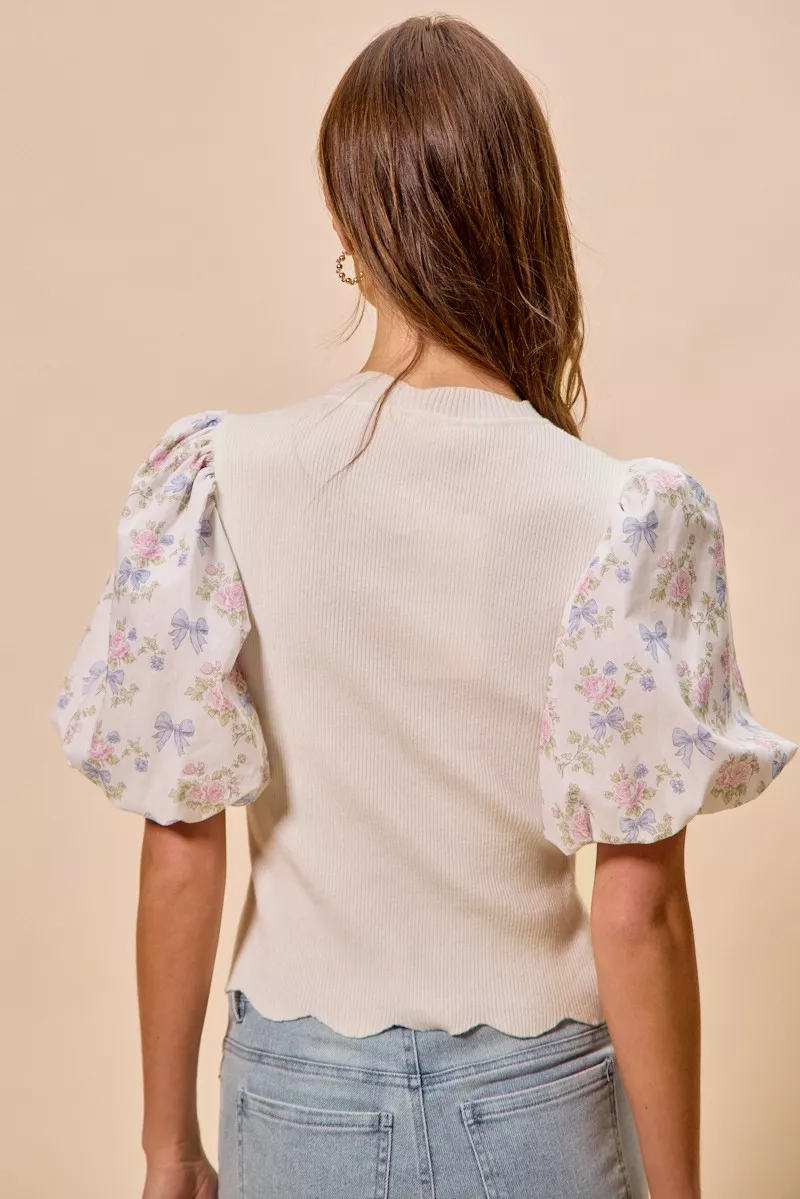 Floral Cotton Contrast Sleeves Scallop Sweater Top, image 3