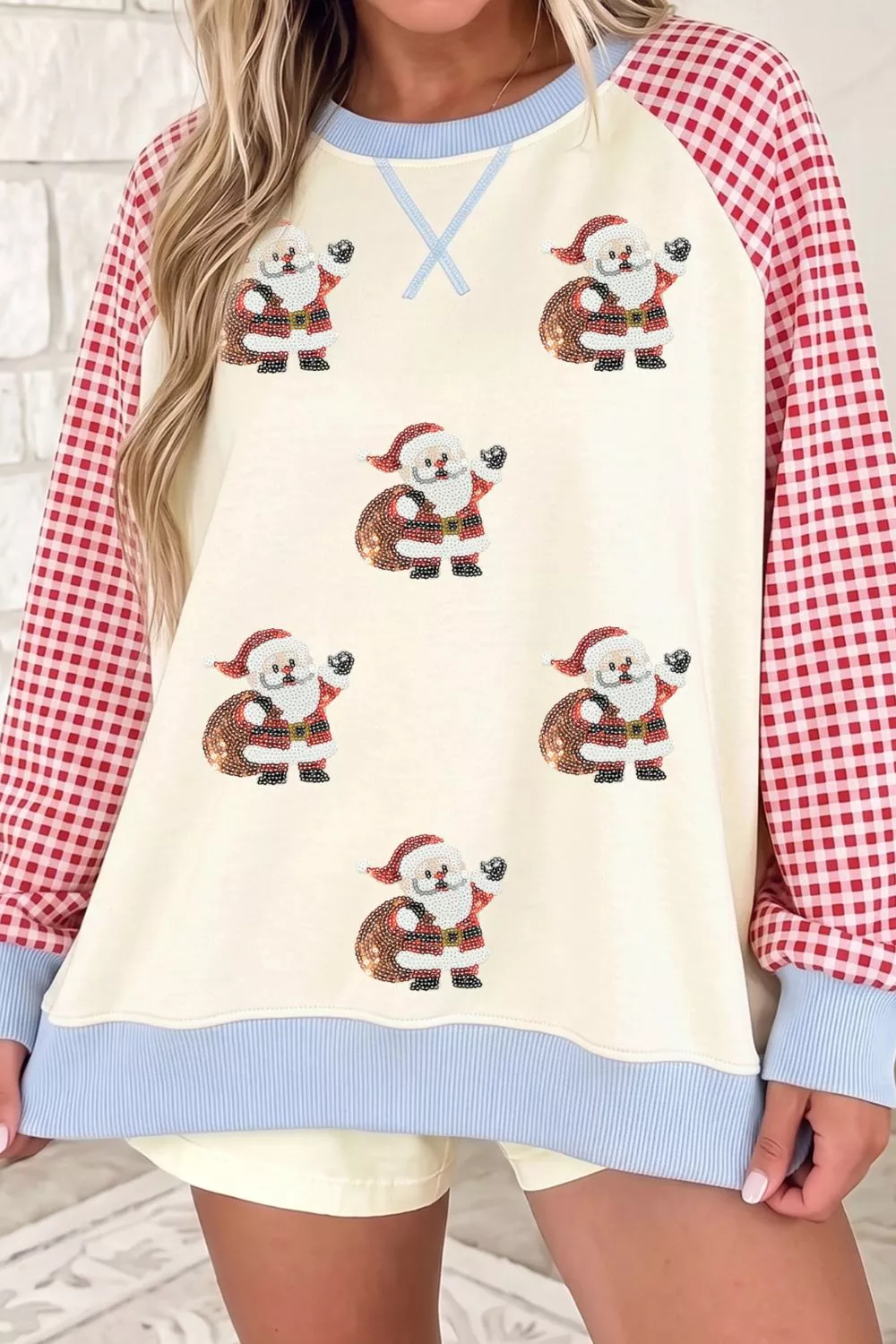 Sequin Santa Plaid Sleeve Pullover Graphic Sweatshirt