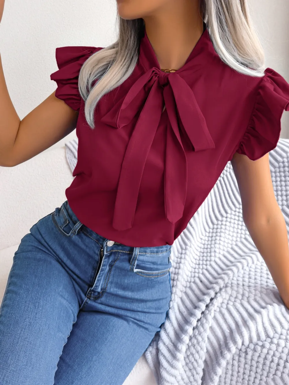Tie Neck Cap Sleeve Blouse, image 17