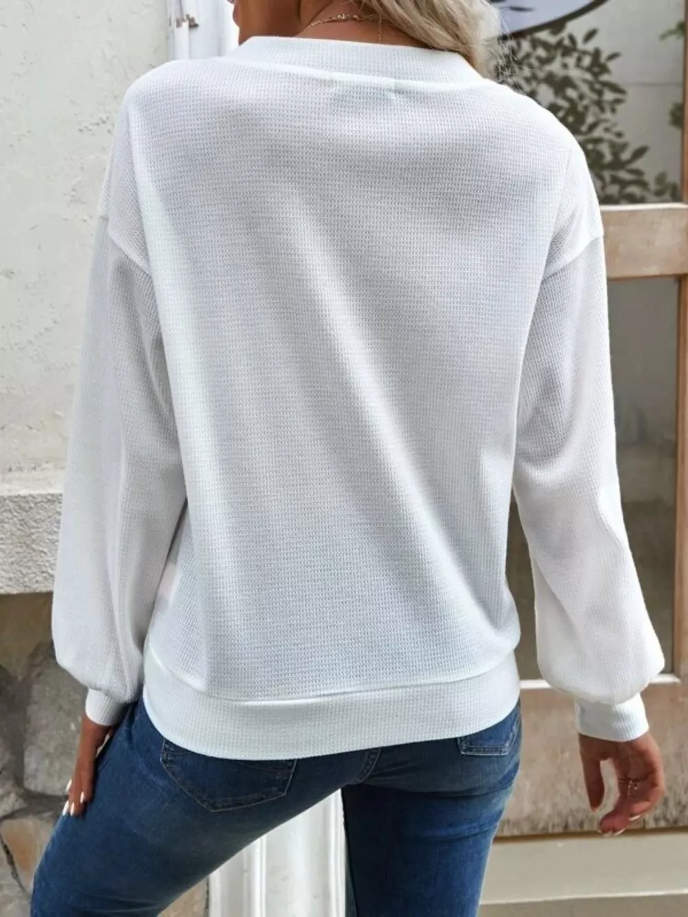 Casual V-Neck Waffle Long Sleeve Top, image 4