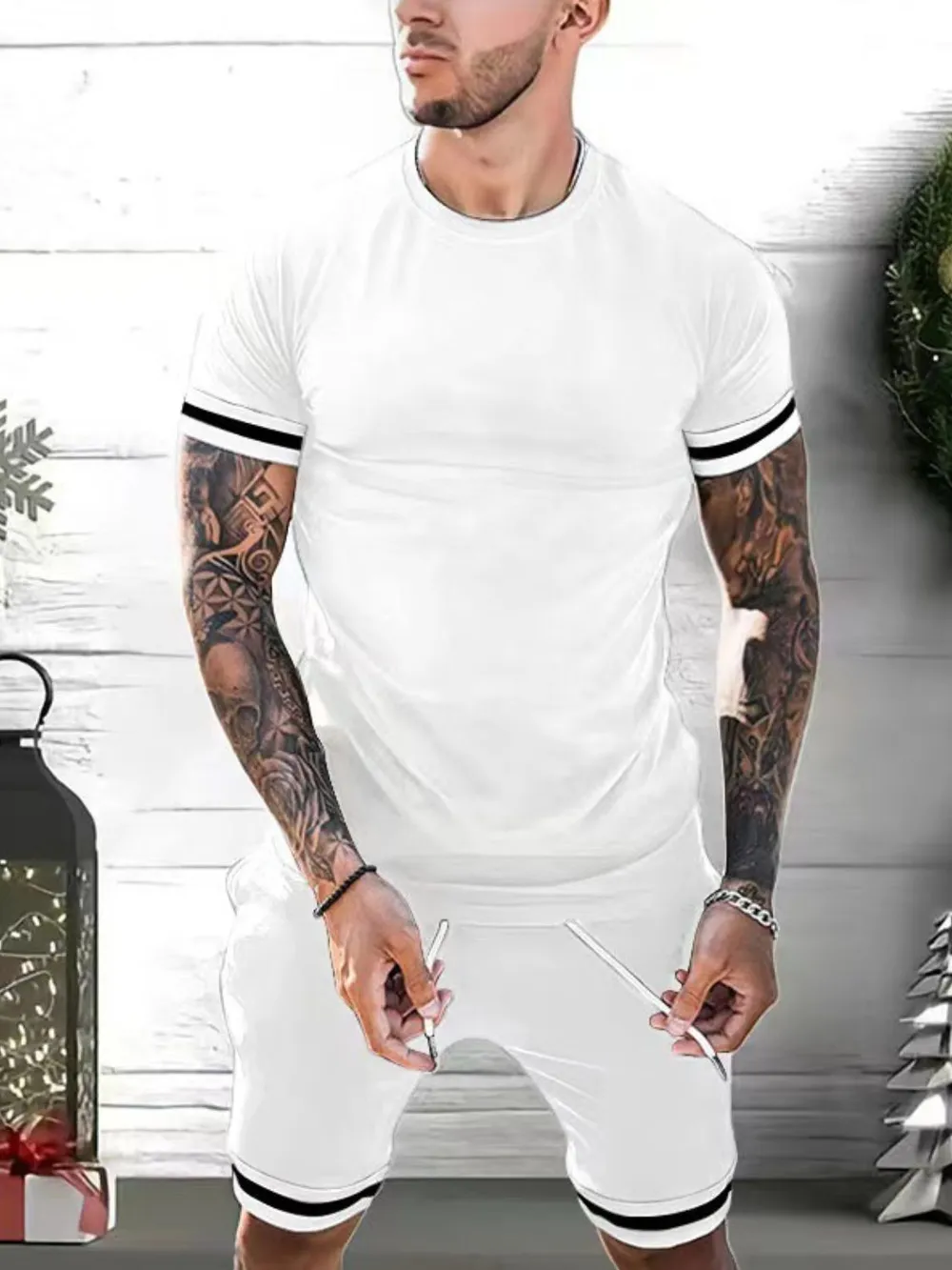 Men's Plus Size Round Neck Short Sleeve Top and Shorts Set, image 2