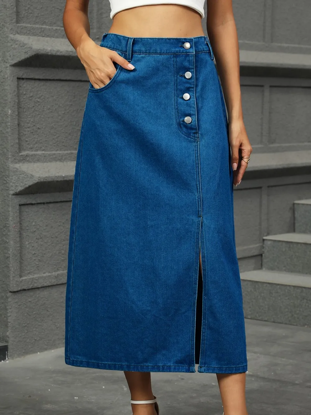 Slit Button Detail Denim Midi Skirt, image 4