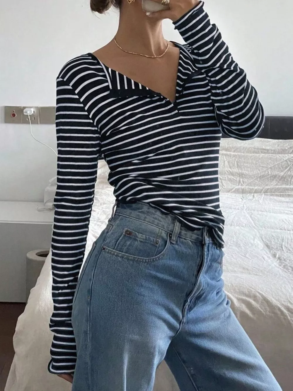Long Sleeve Striped Henley T-Shirt, image 7