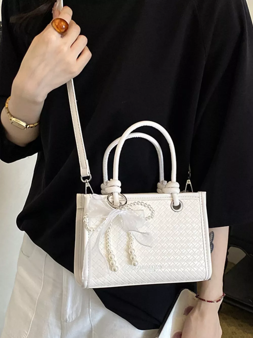 Elegant Bow Pearl Embellished Crossbody Bag, image 7