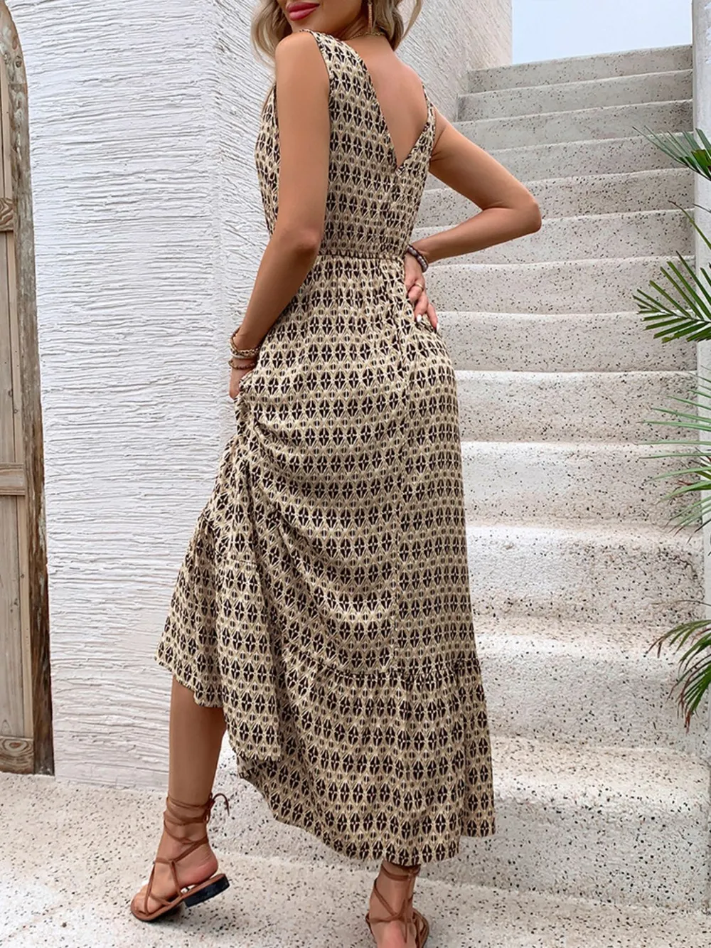 Printed V-Neck Tie Waist Midi Dress, image 7