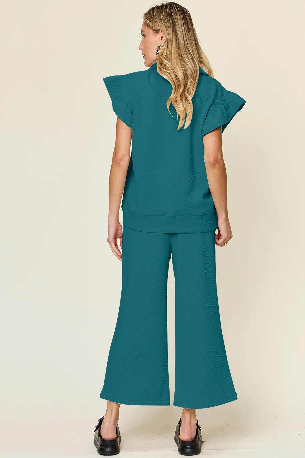 Texture Ruffle Short Sleeve Top and Drawstring Wide Leg Pants Set, image 15
