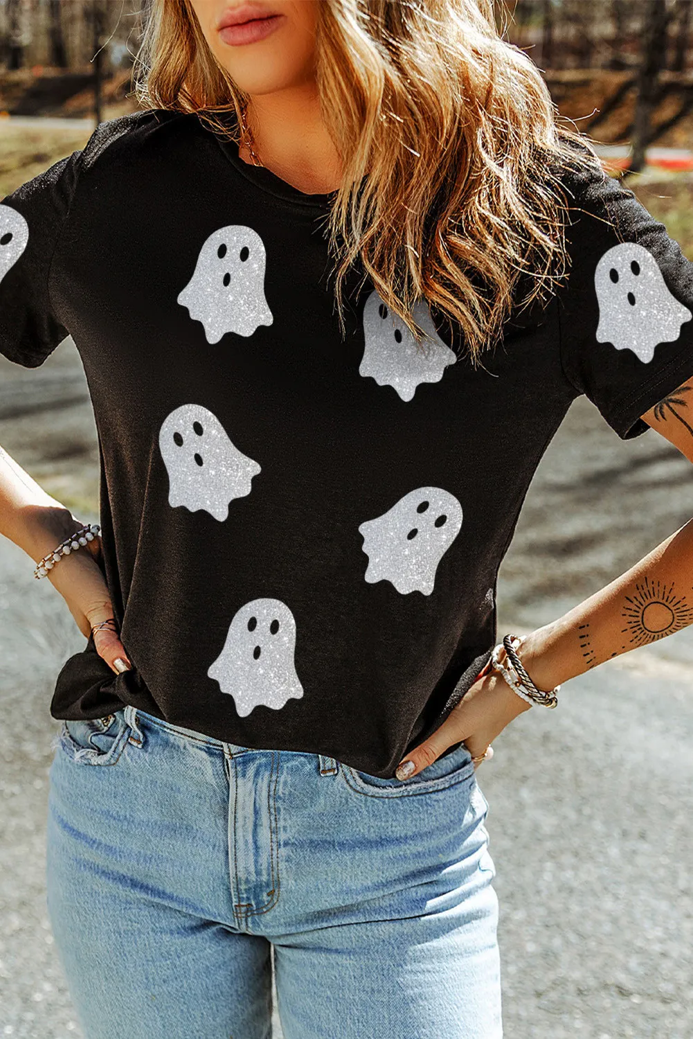 Glitter Ghost Round Neck Short Sleeve T-Shirt, image 3