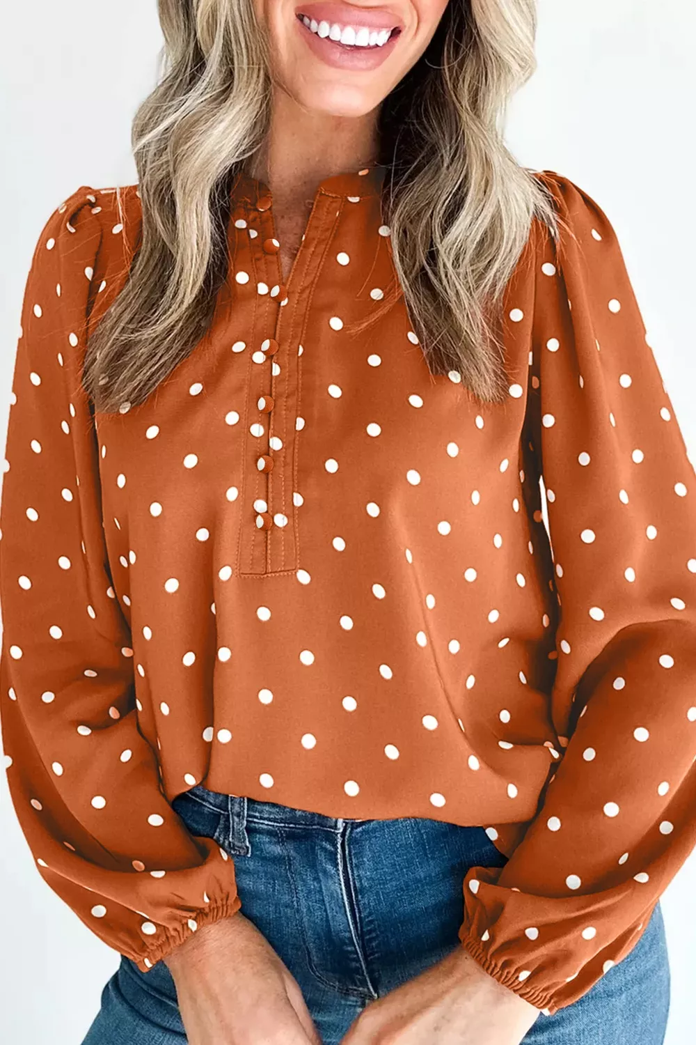 Polka Dot Half Button V Neck Long Sleeve Blouse, image 2
