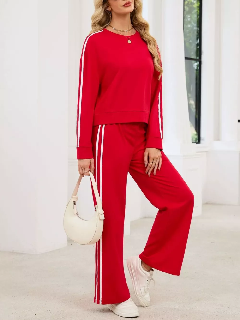 Striped Round Neck Sweatshirt and Pants Set, image 11