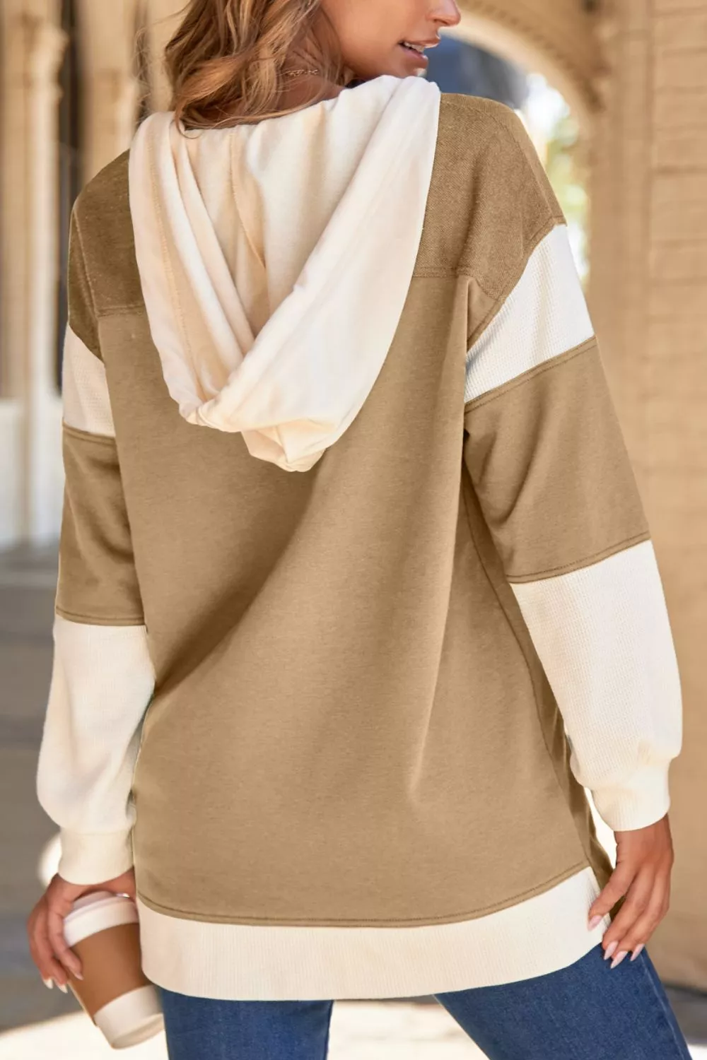 Color Block Knit Trim Drawstring Hoodie, image 3