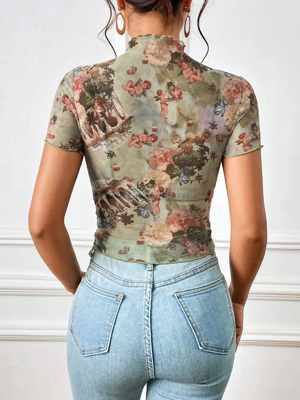 Abstract Print Ruffled Mock Neck Crop T-Shirt, image 10