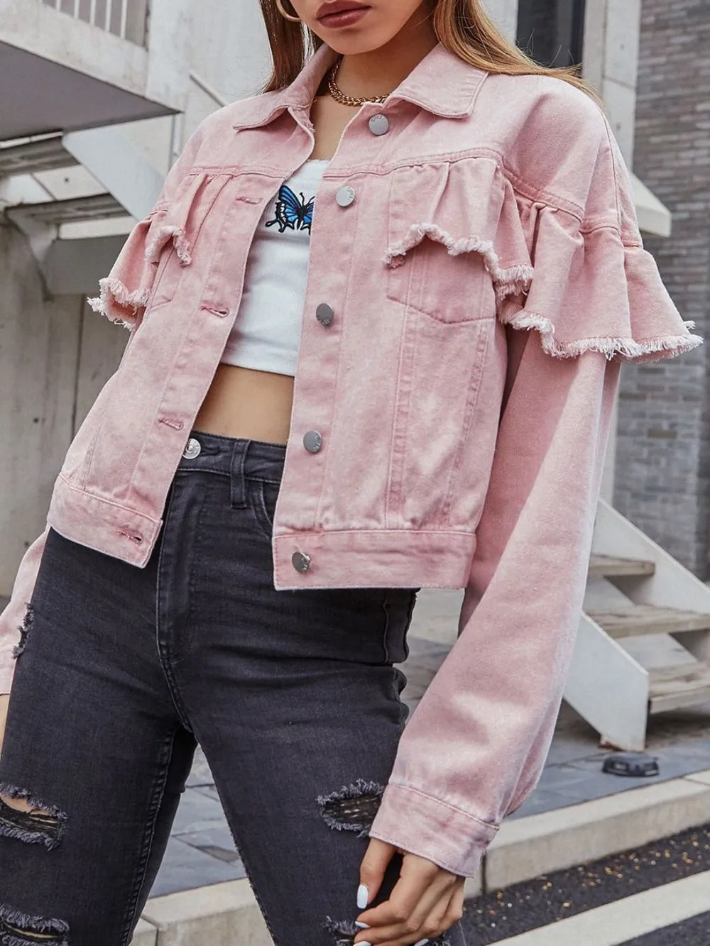 Ruffled Collared Neck Long Sleeve Denim Top, image 5