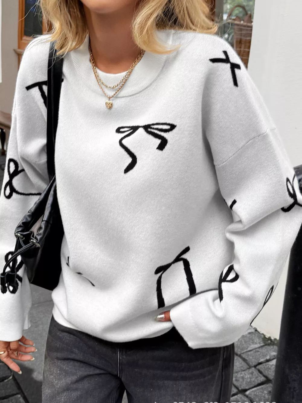 Bow Round Neck Dropped Shoulder Sweater, image 3