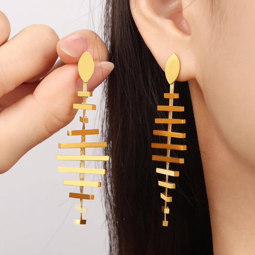 Titanium Steel Fishbone Shape Earrings, image 5