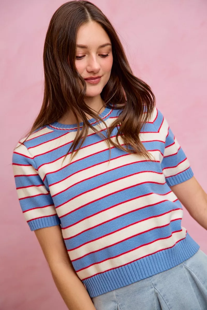 Stripe Knit Crew Neck Short Sleeves Sweater Top, image 13