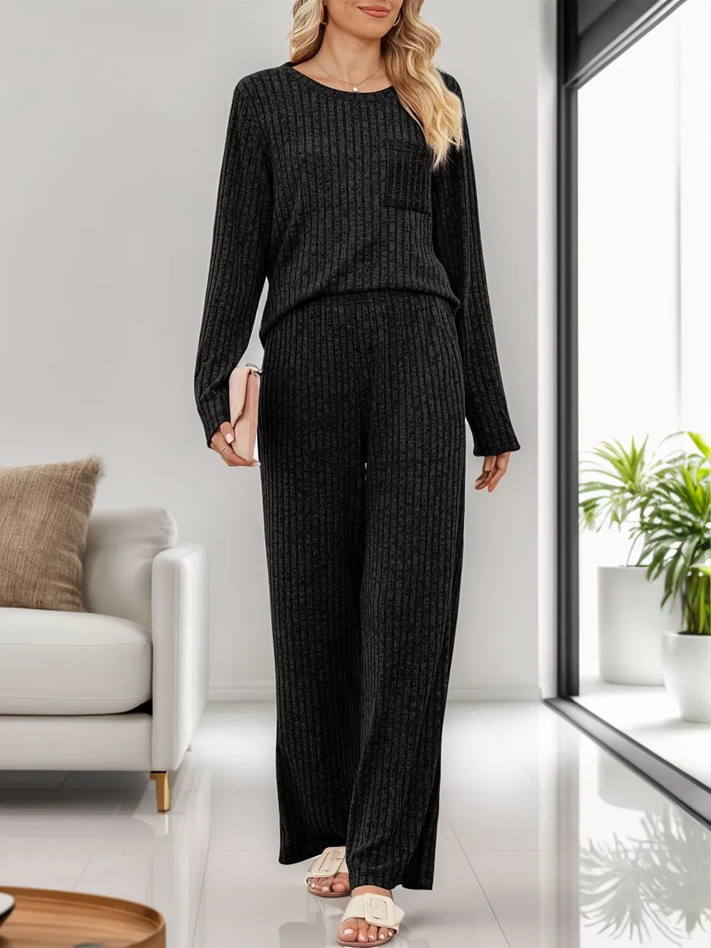 Round Neck Long Sleeve Top and Pants Set, image 28