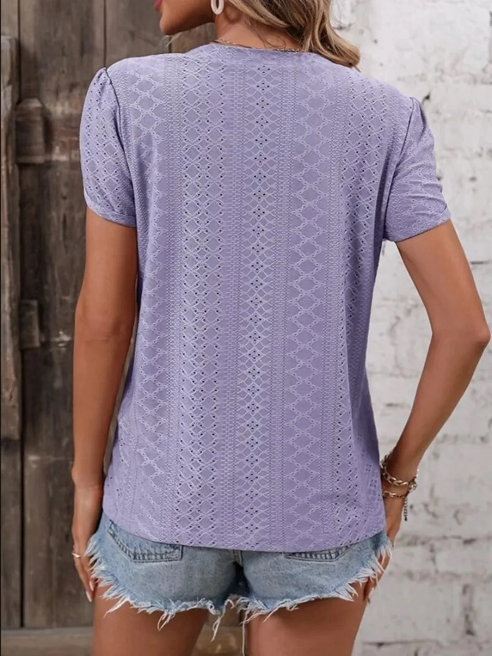Eyelet V-Neck Petal Sleeve T-Shirt, image 8