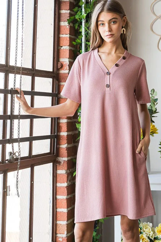 Full Size Solid Ribbed Mini Dress with Button Plus Size, image 7