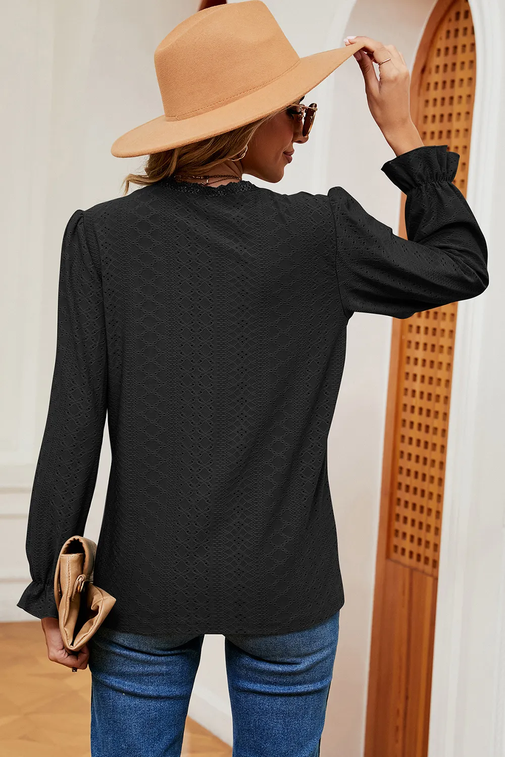 Eyelet V-Neck Flounce Sleeve T-Shirt, image 12