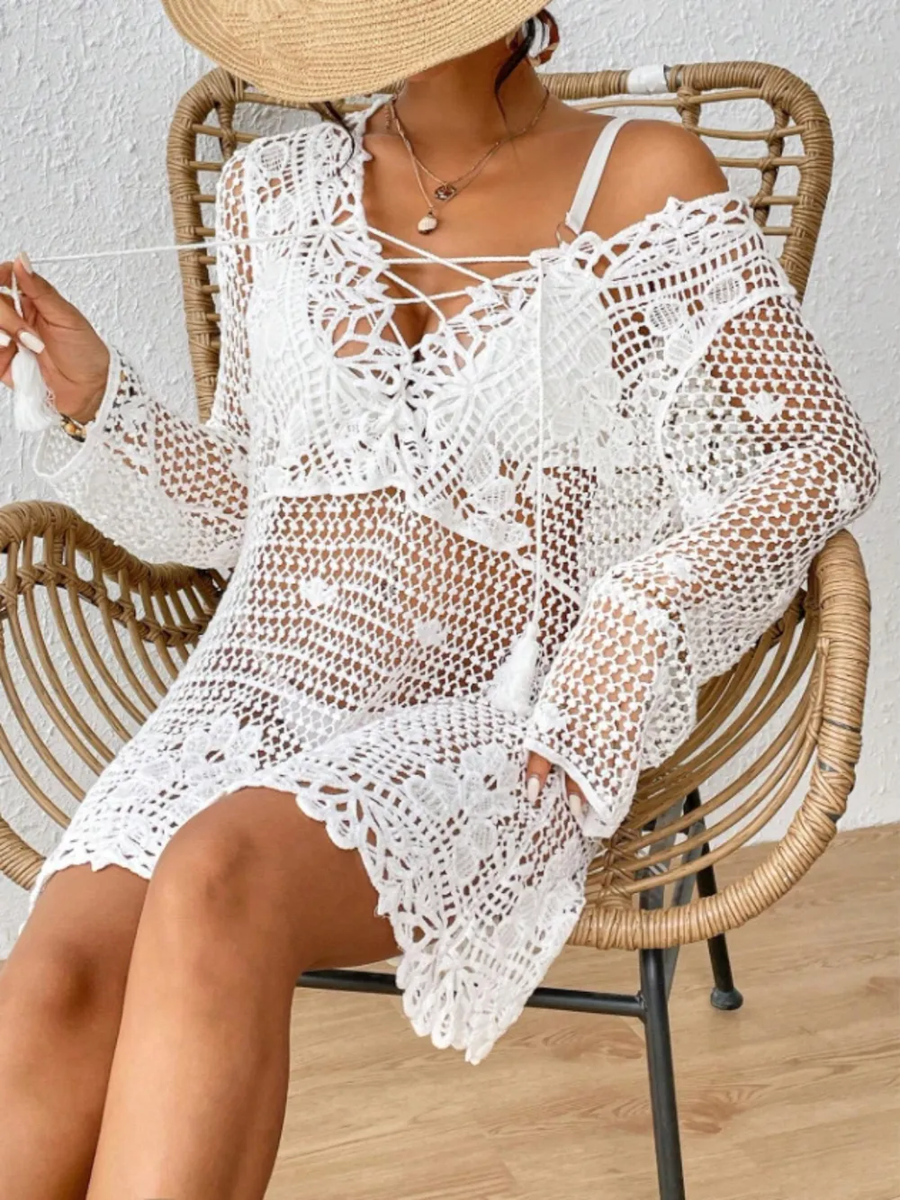 Cutout Tied V-Neck Long Sleeve Cover Up, image 4